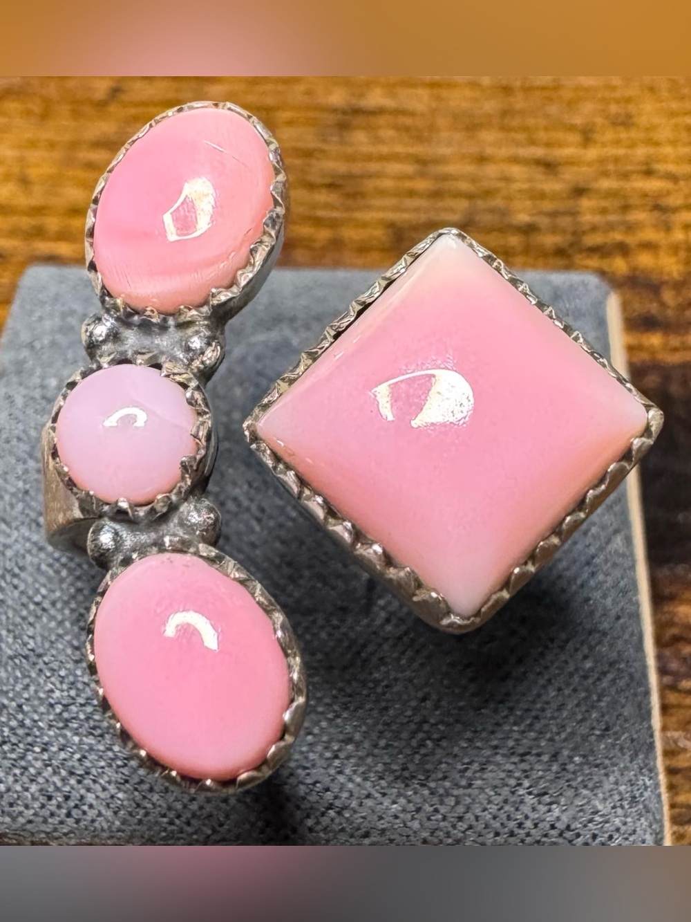 Pink Conch and Sterling Silver Statement Rings - Square and Trio Cabochon